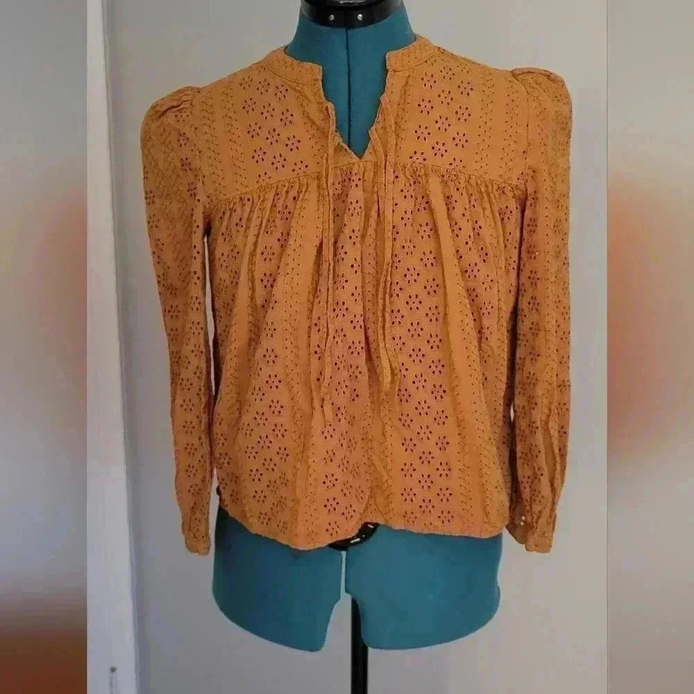 Mustard Floral Eyelet Madewell XS Long Sleeve Blouse
